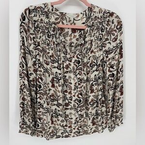 Lucky Brand Shirt Top Women's S Floral Long Sleeve Brown Black Keyhole Peasant